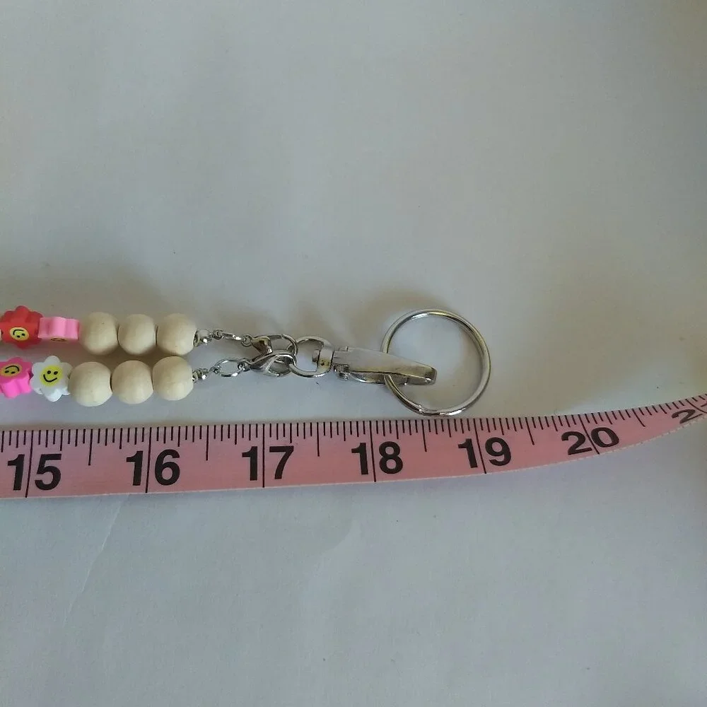 Wooden Bead Smiley Flower Lanyard Keychain Kidcore Fun Colorful Modern Utility